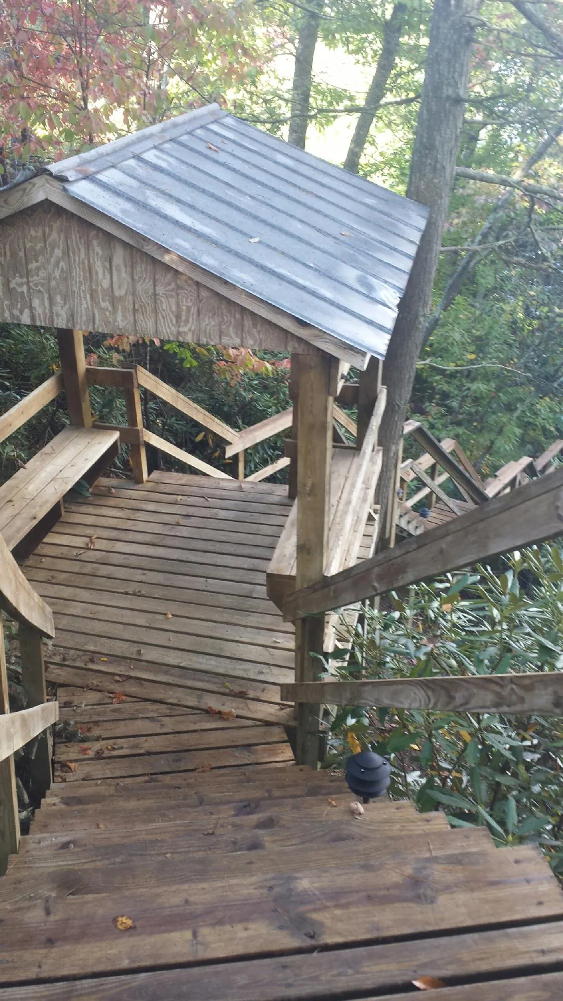Metal roofed shelter over wooden steps on a wooded walkway — Skylight Repair & Installation work by our crew in Milo